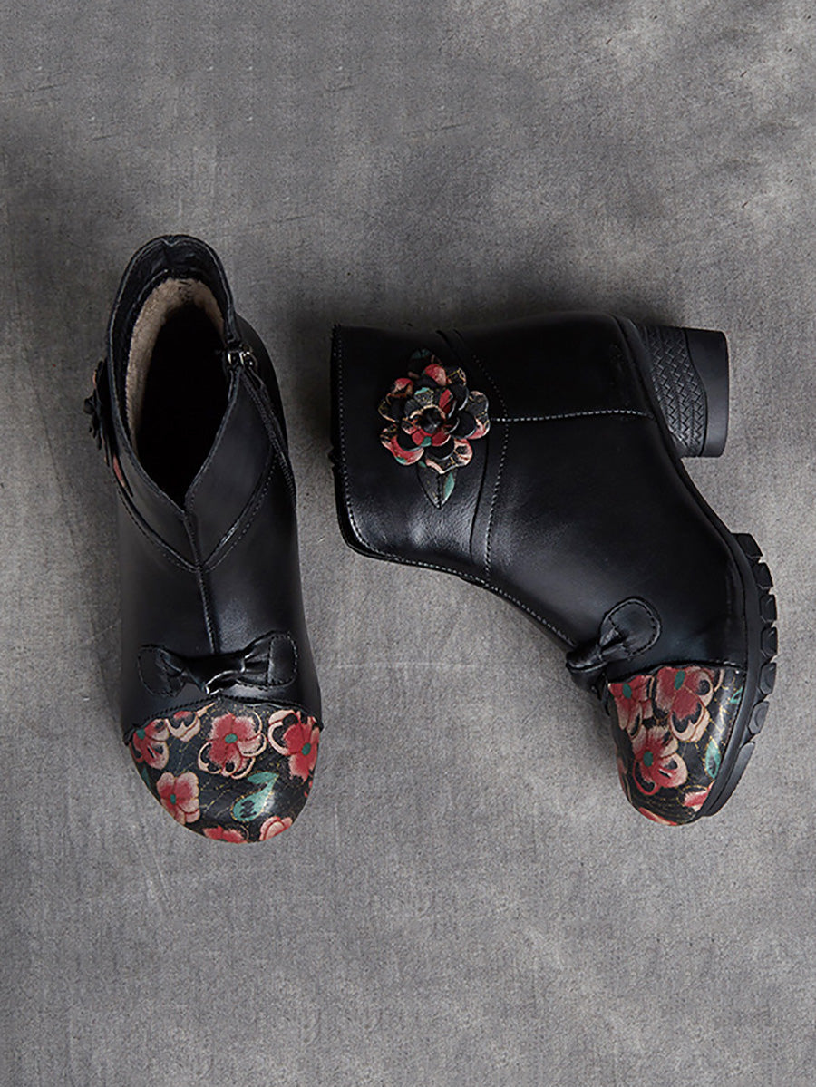 Women Ethnic Autumn Flower Spliced Leather Mid-Heel Boots