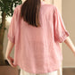 Women Summer Vintage Embroidery Turn-down Collar Ramie Shirt