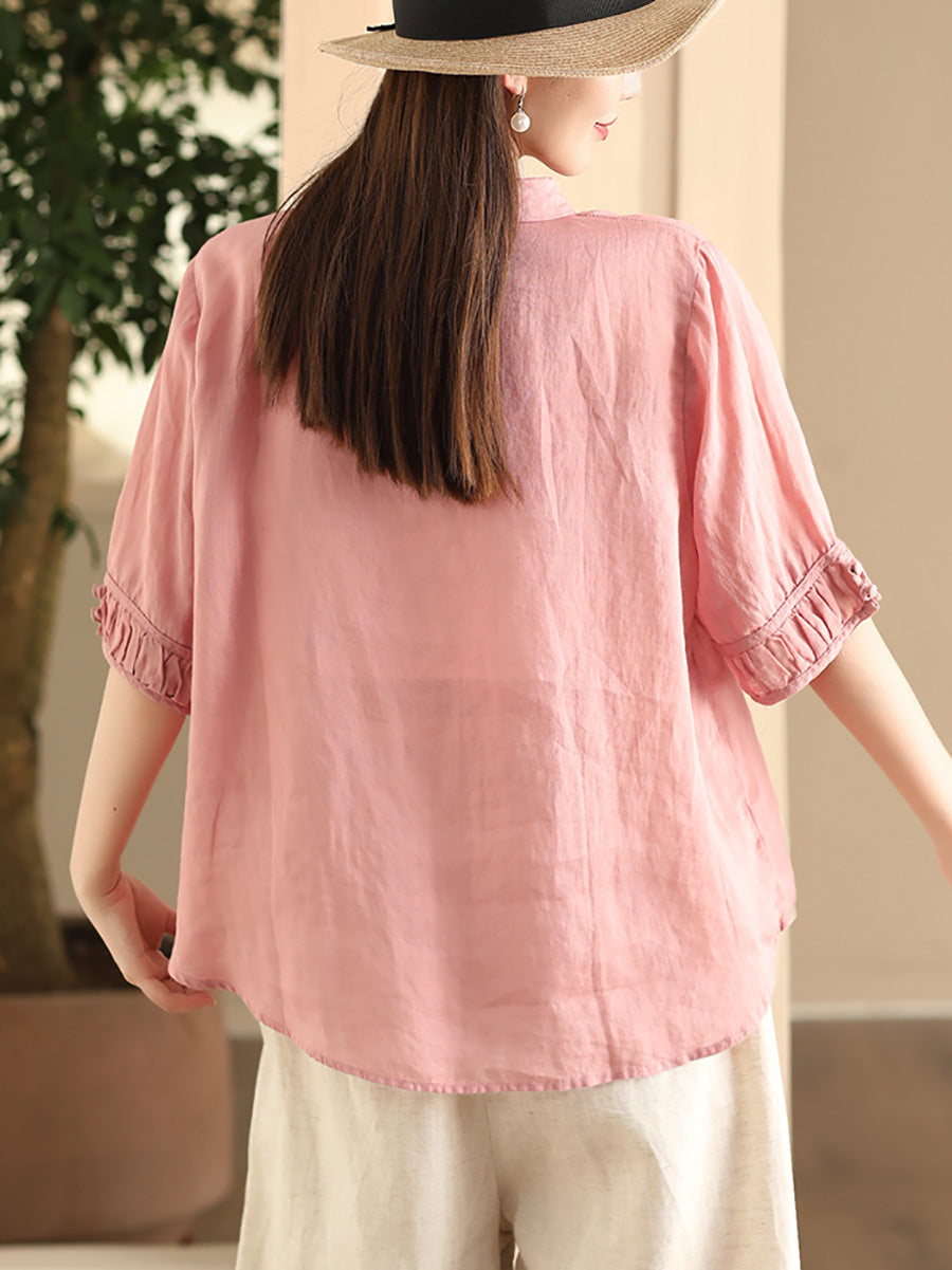 Women Summer Vintage Embroidery Turn-down Collar Ramie Shirt