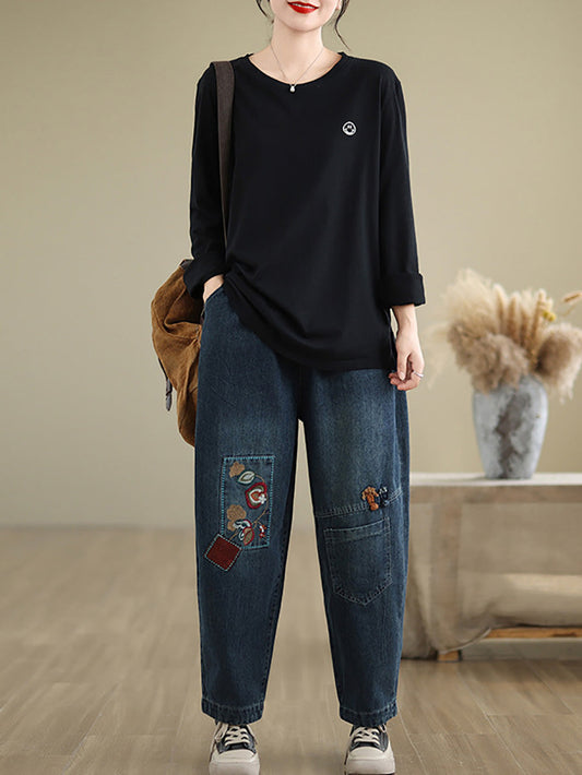 Women Autumn Artsy Embroidery Denim Harem Pants