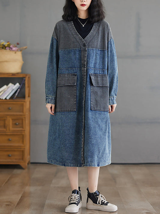 Women Autumn Worn Colorblock Denim Long Coat