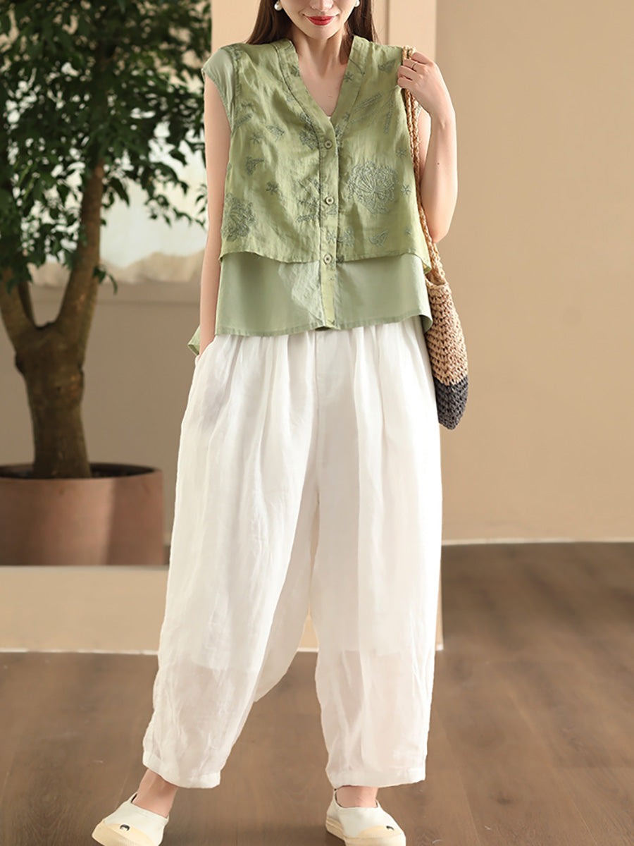 Women Summer Ethnic Embroidery Button-up Spliced Ramie Vest