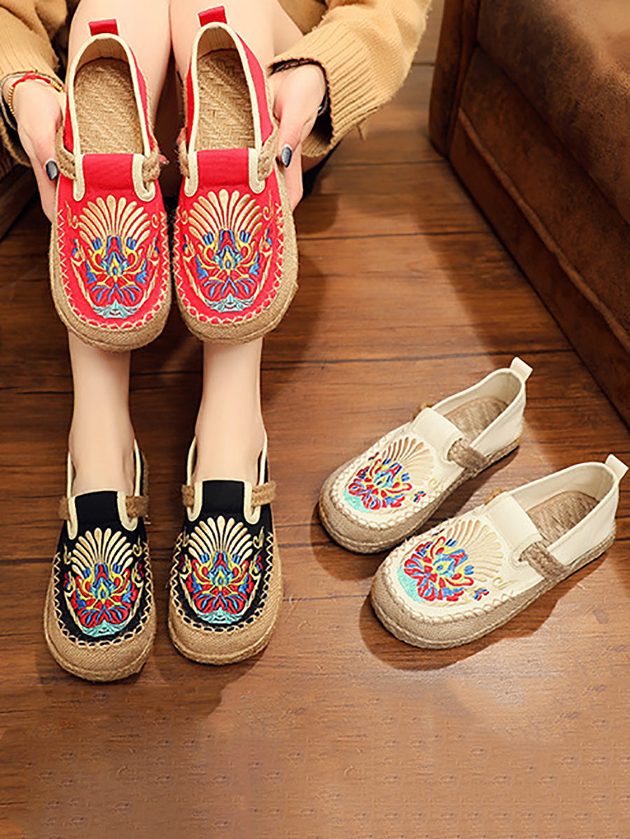 Women Summer Ethnic Embroidery Cloth Linen Flat Shoes