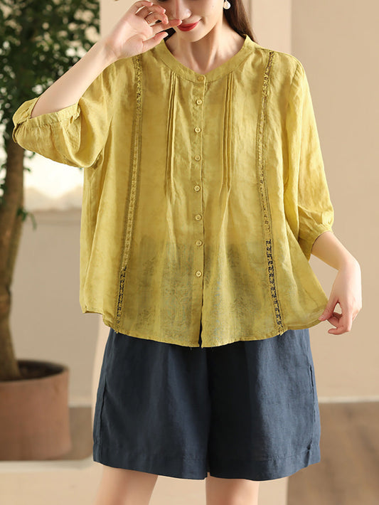 Women Summer Artsy Embroidery Button-up Shirred Ramie Shirt