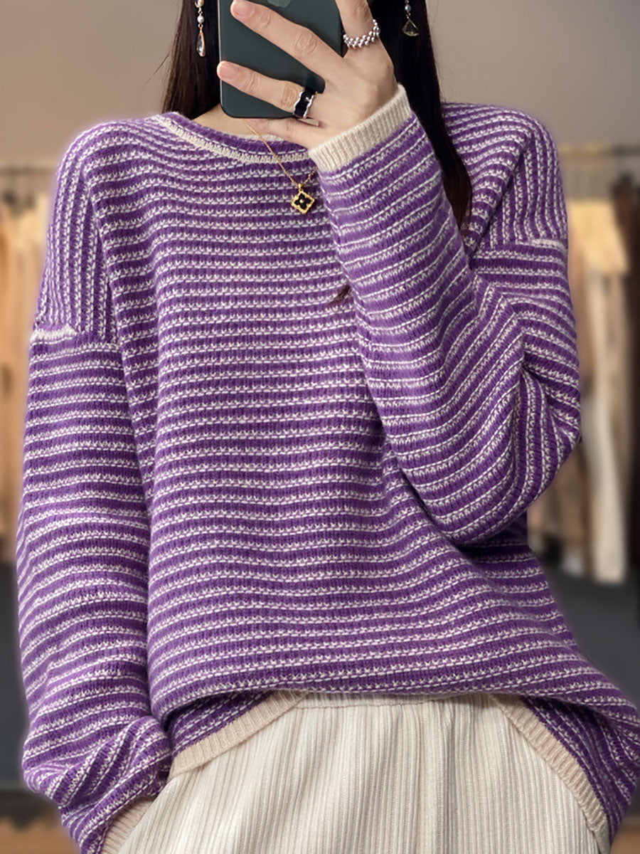 Women Autumn Casual Stripe O-Neck Wool Knit Sweater