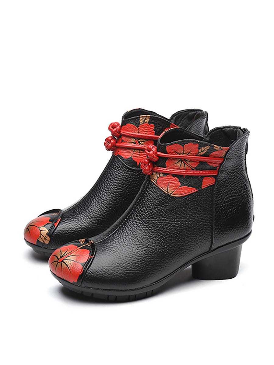 Women Retro Genuine Leather Flower Spliced Chunky Heel Boots