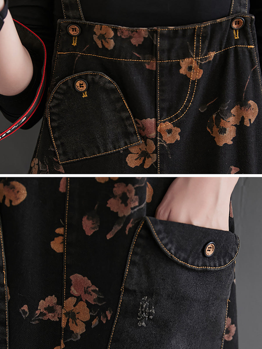 Women Autumn Worn Flower Patchwork Loose Denim Jumpsuits