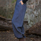 Women Vintage Autumn Solid Loose Ramie Cuffed Pants