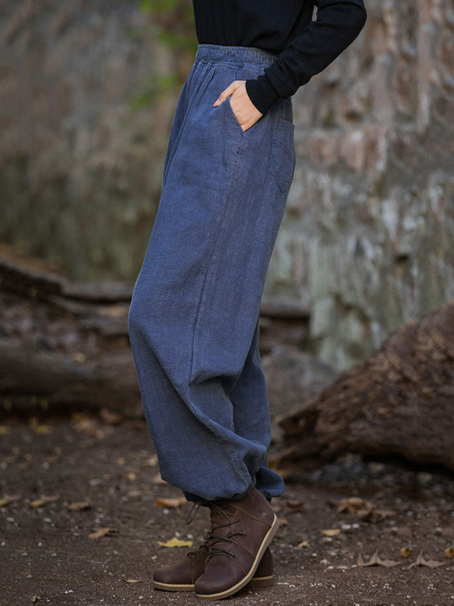 Women Vintage Autumn Solid Loose Ramie Cuffed Pants