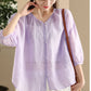 Women Summer Vintage Solid Button O-Neck Thin Ramie Shirt