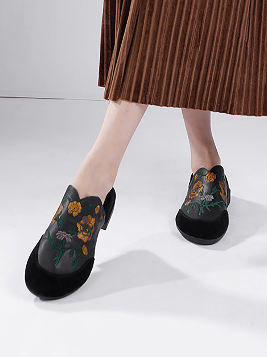 Women Ethnic Autumn Embroidery Leather Low Heel Shoes