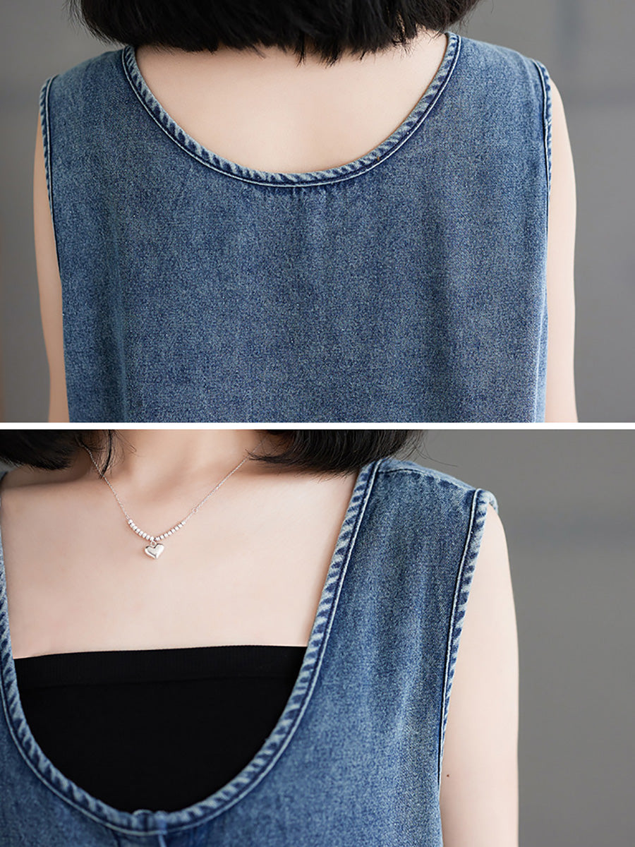 Women Casual Summer Denim A-Shape Loose Vest Dress