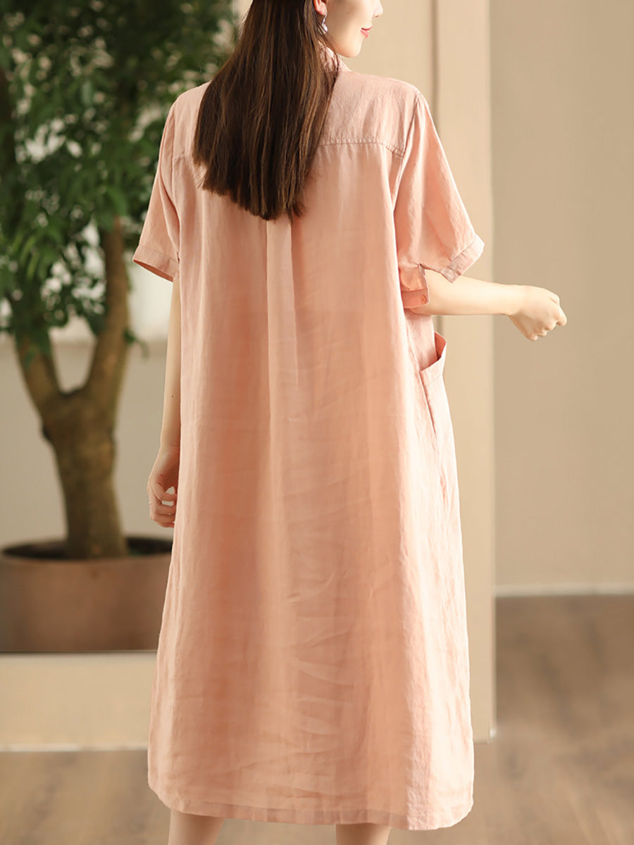 Women Summer Casual Solid Loose Polo Collar Linen Dress