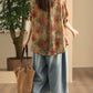 Women Summer Vintage Flower Patch Spliced Ramie Shirt