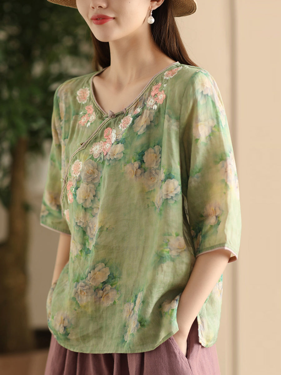 Women Summer Artsy Flower Embroidery O-Neck Shirt