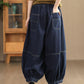 Women Autumn Retro Spliced Solid Loose Denim Bloomers