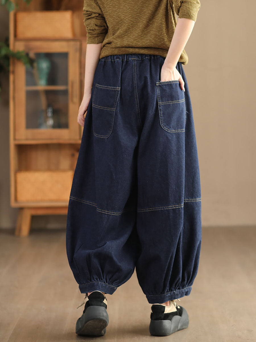 Women Autumn Retro Spliced Solid Loose Denim Bloomers