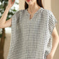 Women Summer Vintage Plaid V-Neck Loose Linen Shirt