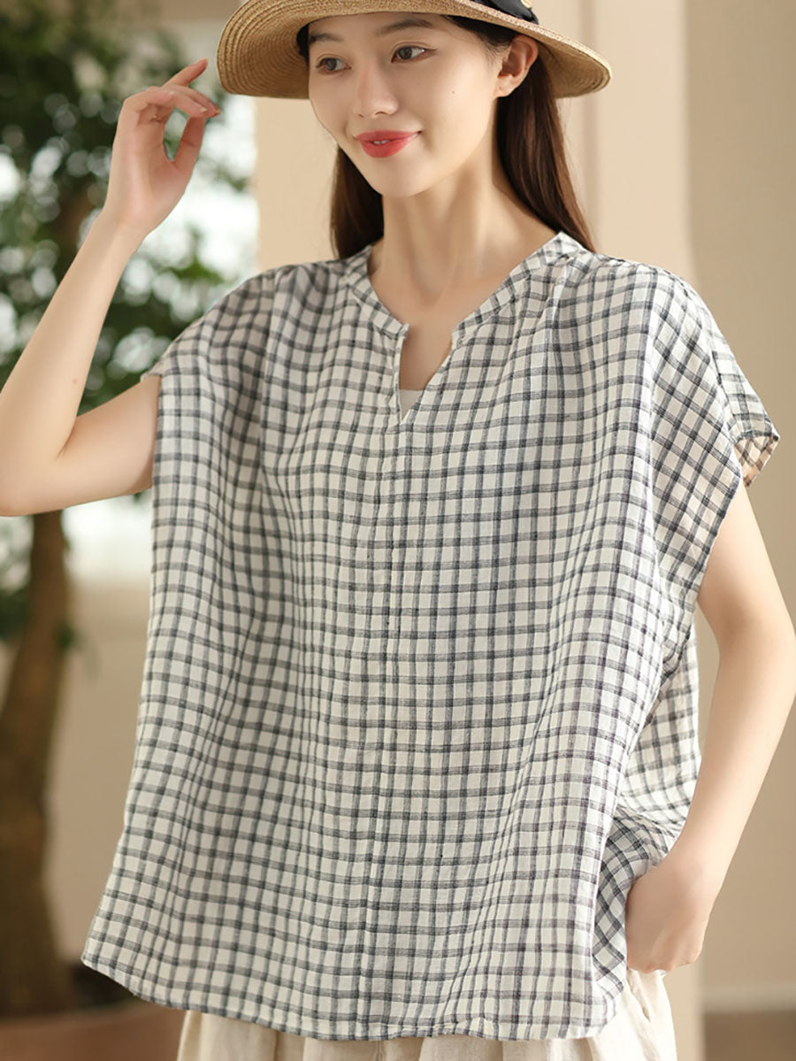 Women Summer Vintage Plaid V-Neck Loose Linen Shirt