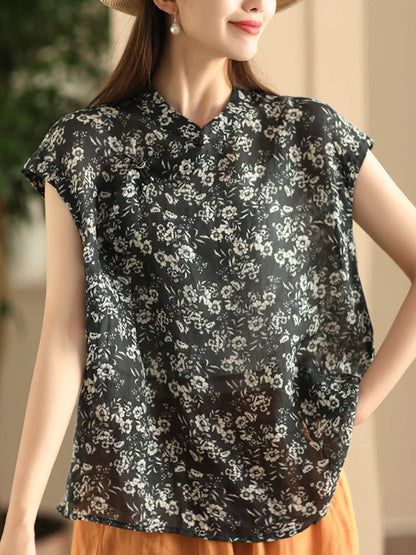 Women Summer Vintage Floral Stand Collar Ramie Shirt