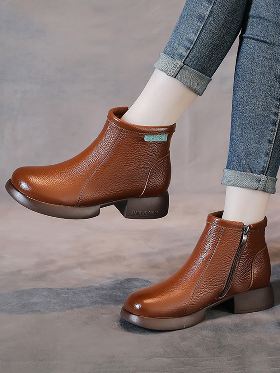 Women Vintage Commute Leather Zipper Mid-Heel Boots