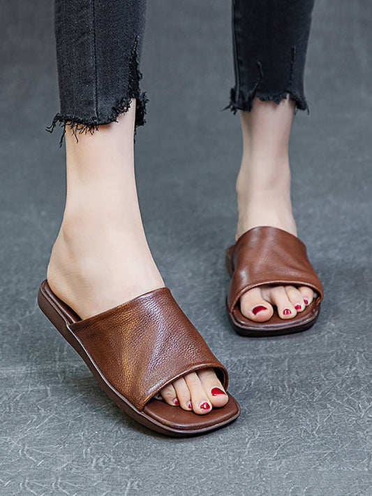 Women Summer Casual Solid Leather Flat Slippers