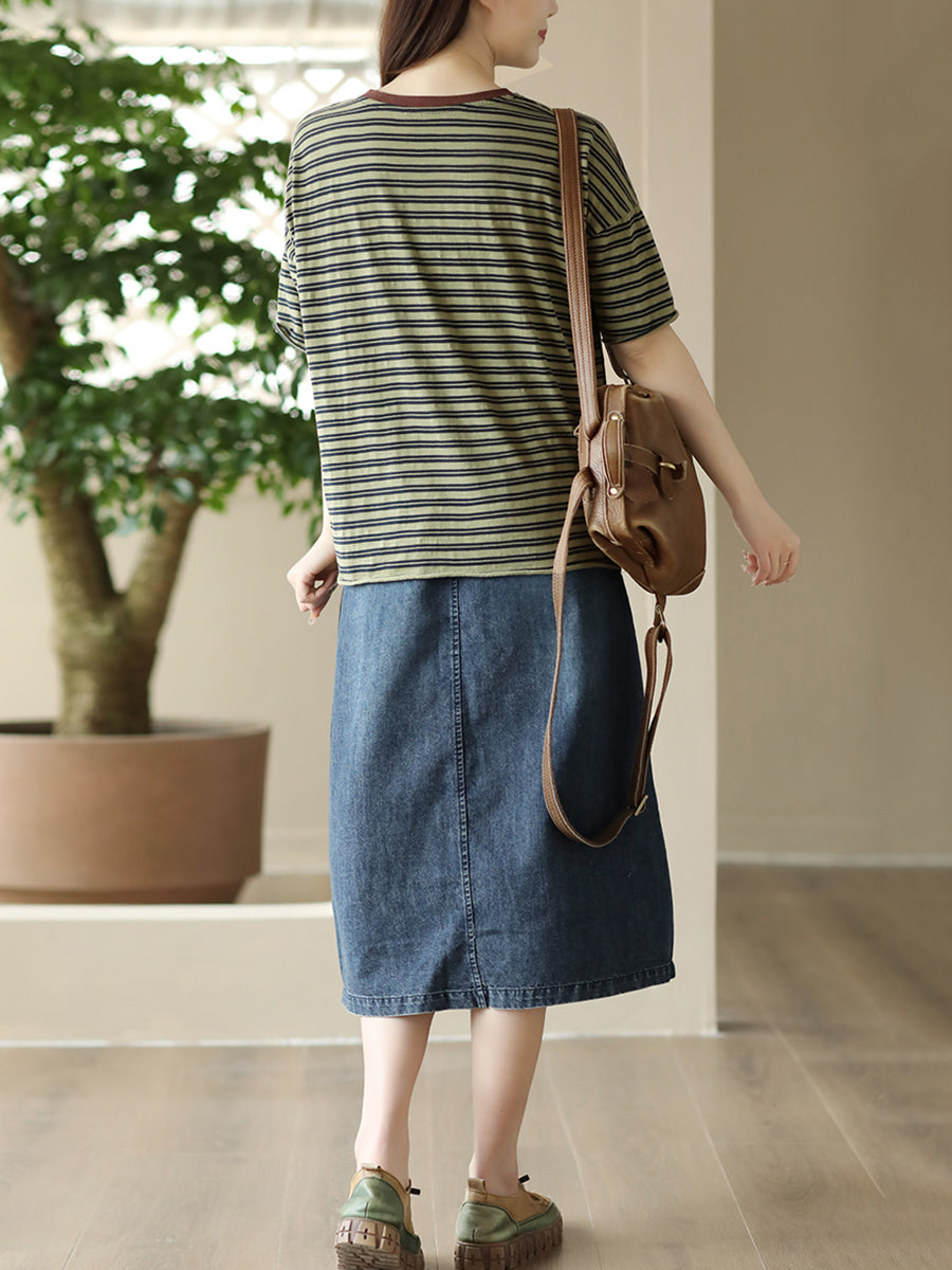 Women Casual Pocket Button Loose Sold Denim Skirt