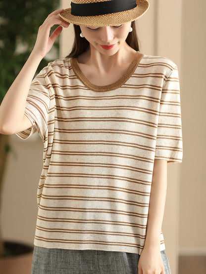 Women Casual Summer Srtipe O-Neck Linen Shirt