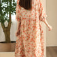 Women Summer Artsy Floral O-Neck Shirred Ramie Dress