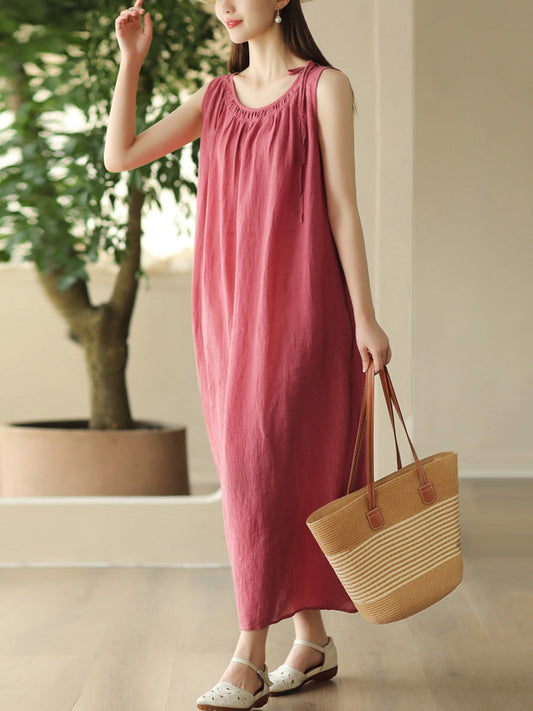 Women Summer Artsy O-Neck Strap Ramie Sleeveless Dress