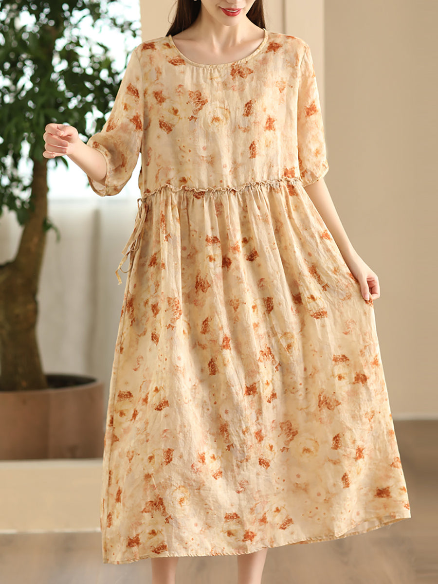 Women Summer Artsy Flower O-Neck Ramie Dress