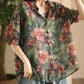 Women Summer Vintage Flower Patch Spliced Ramie Shirt