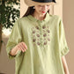 Women Summer Vintage Embroidery Turn-down Collar Ramie Shirt