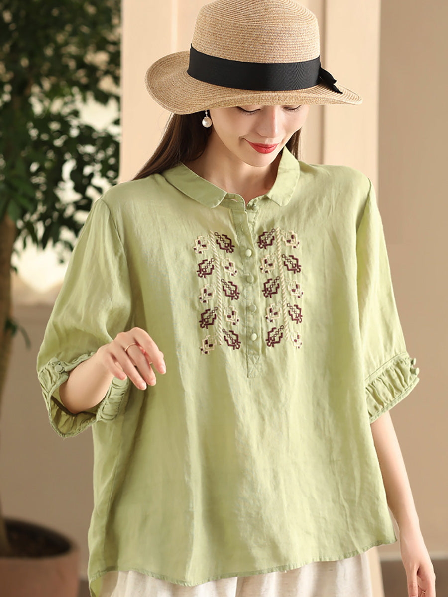 Women Summer Vintage Embroidery Turn-down Collar Ramie Shirt