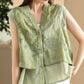 Women Summer Ethnic Embroidery Button-up Spliced Ramie Vest