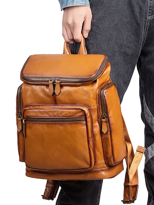 Retro Pure Color Leather Zipper Large Capacity Backpack