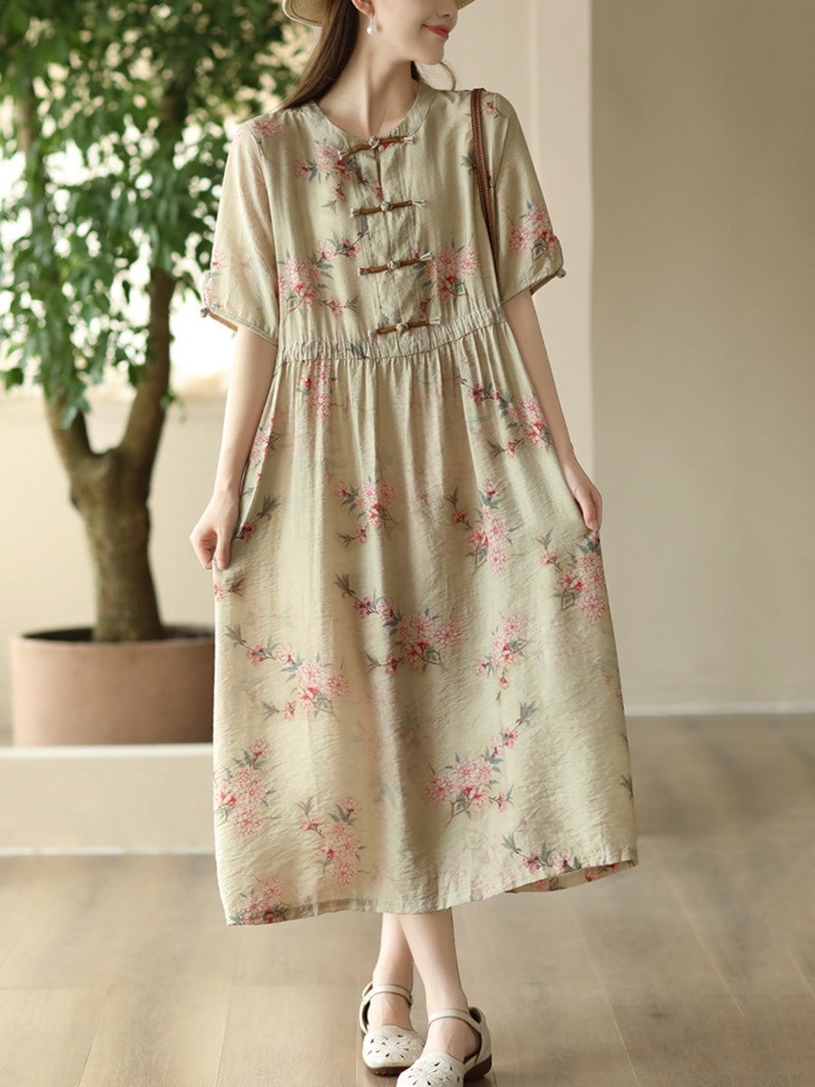 Women Summer Artsy Floral Button O-Neck Dress