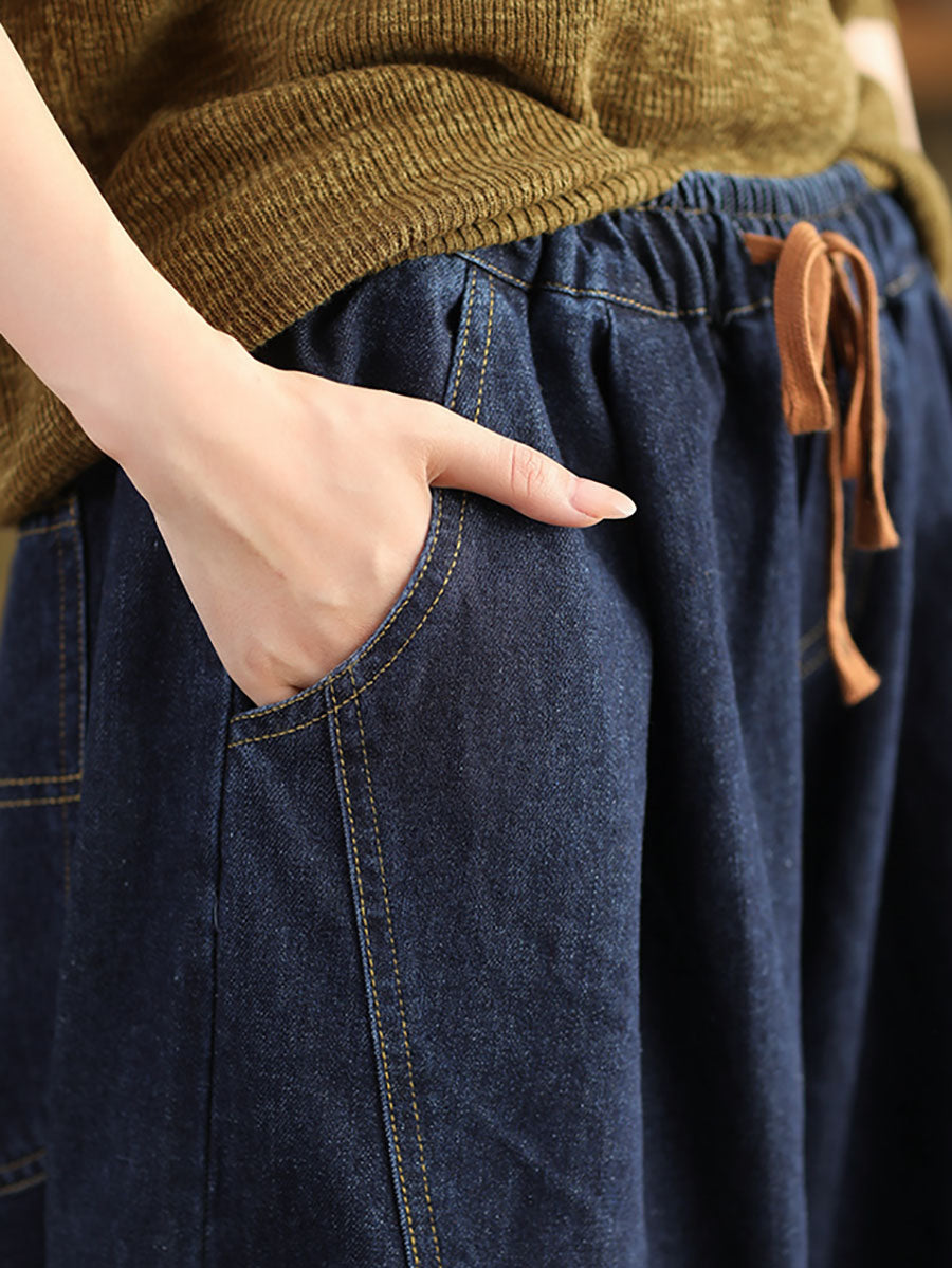 Women Autumn Retro Spliced Solid Loose Denim Bloomers