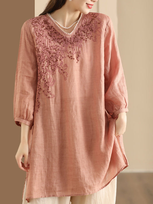 Women Summer Artsy Embroidery Ramie Long Shirt