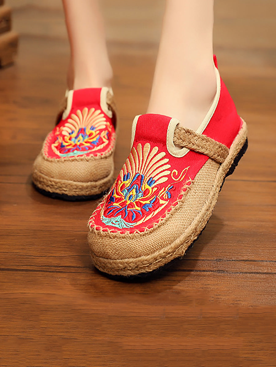 Women Summer Ethnic Embroidery Cloth Linen Flat Shoes