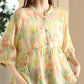 Women Summer Artsy Floral Strap Button Ramie Shirt