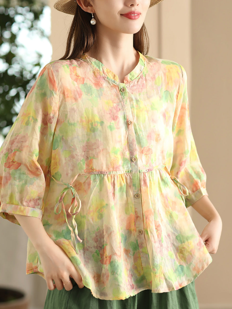 Women Summer Artsy Floral Strap Button Ramie Shirt