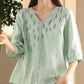 Women Summer Artsy Embroidery V-Neck Ramie Shirt