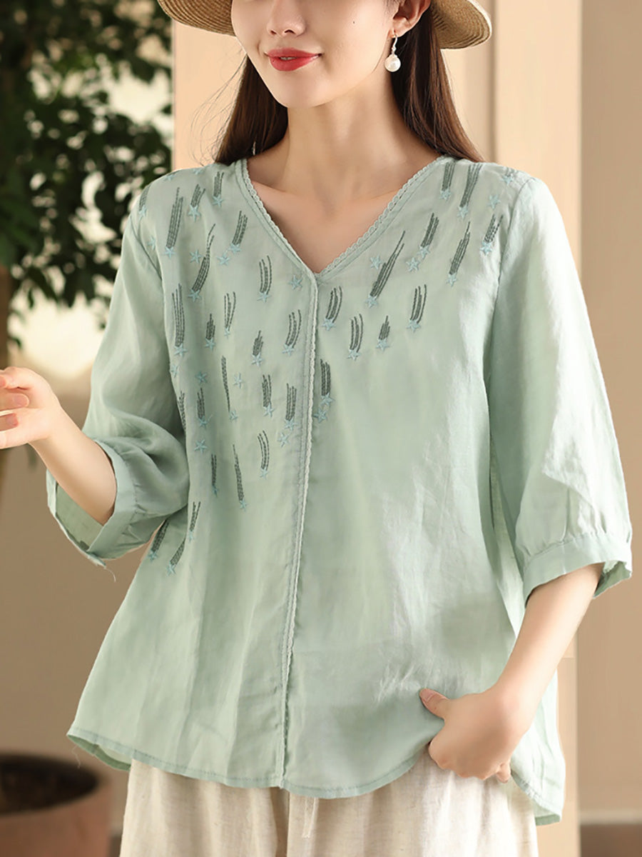 Women Summer Artsy Embroidery V-Neck Ramie Shirt