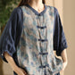 Women Summer Vintage Flower Spliced Button-up Ramie Shirt