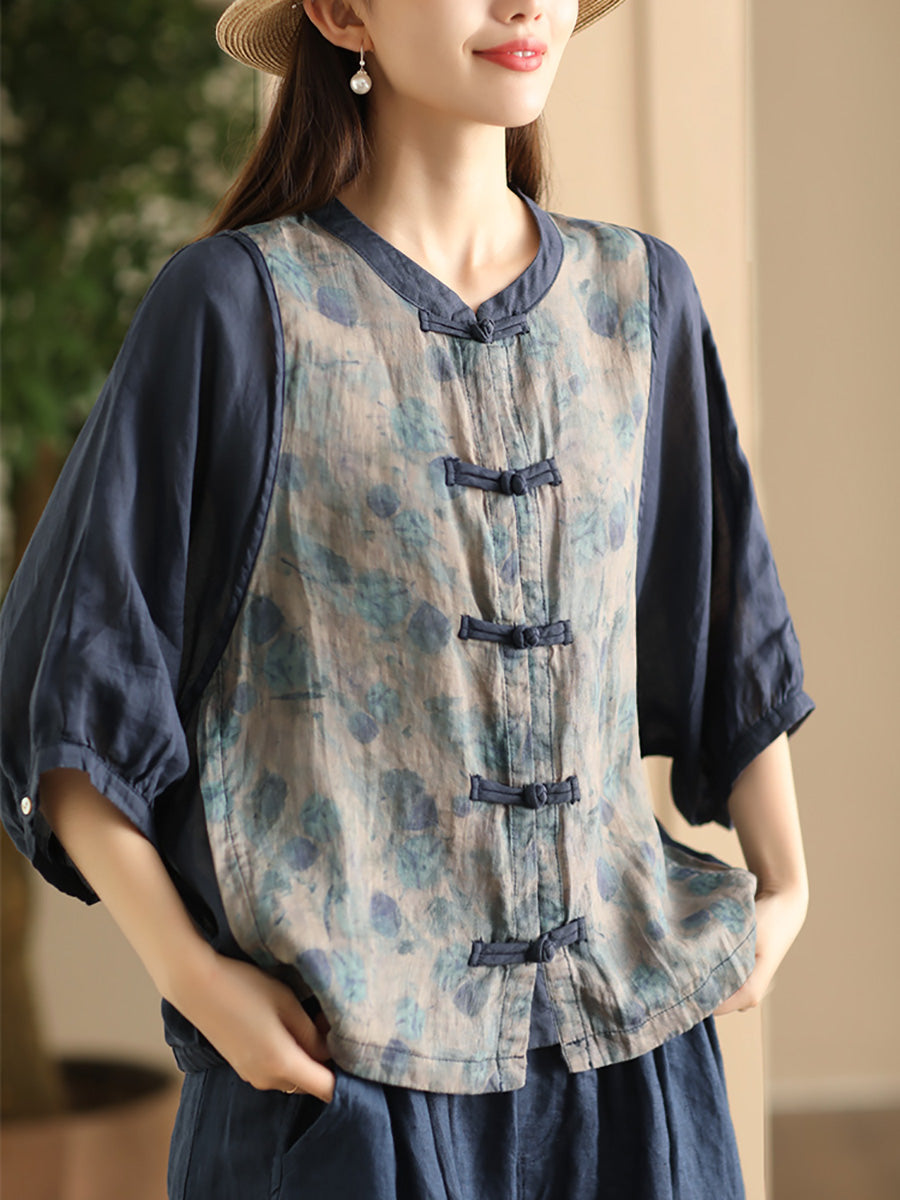 Women Summer Vintage Flower Spliced Button-up Ramie Shirt