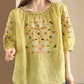 Women Summer Vintage Embroidery O-Neck Ramie Shirt