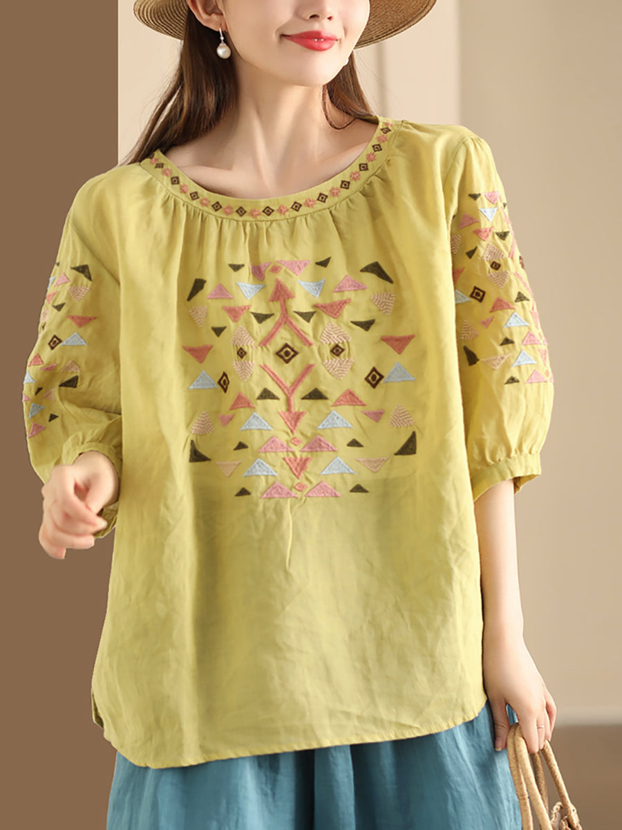 Women Summer Vintage Embroidery O-Neck Ramie Shirt