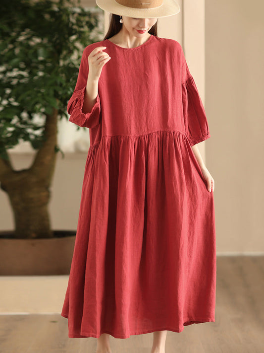 Women Summer Casual Solid Linen Loose Dress