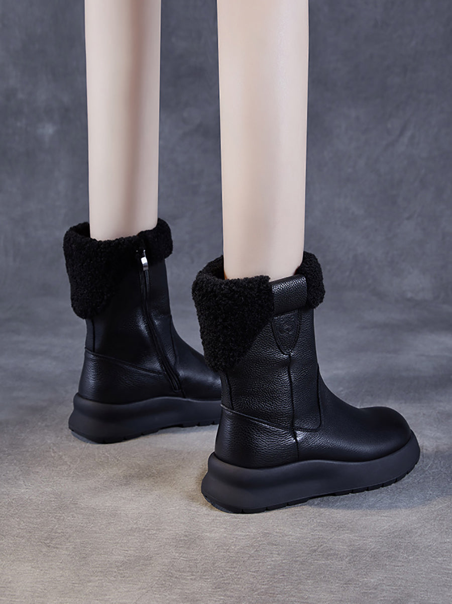 Women Vintage Leather Fleece-lined Platform Boots